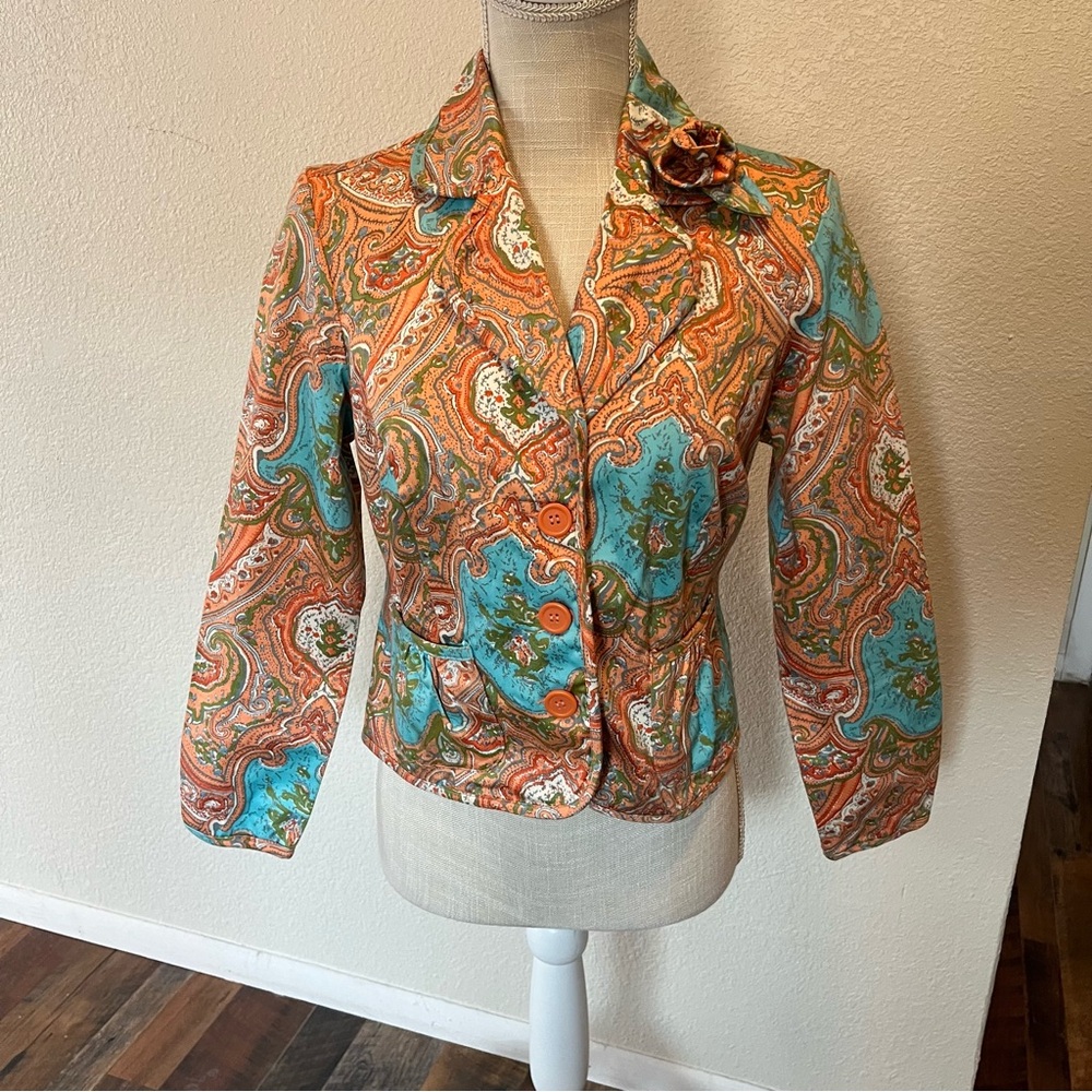 A.M.I. Women's Multicolor Paisley Cotton Single Breasted Blazer Jacket Petite M